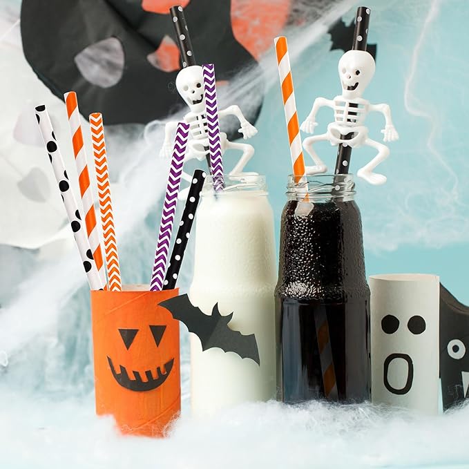 Shappy 125 Pieces Halloween Paper Straws Bulk, Disposable Decorative Drinking Straws with Dots/stripes/waves for Birthday, Wedding, Halloween and Christmas Party Supplies(Orange, Black, White, Purple)