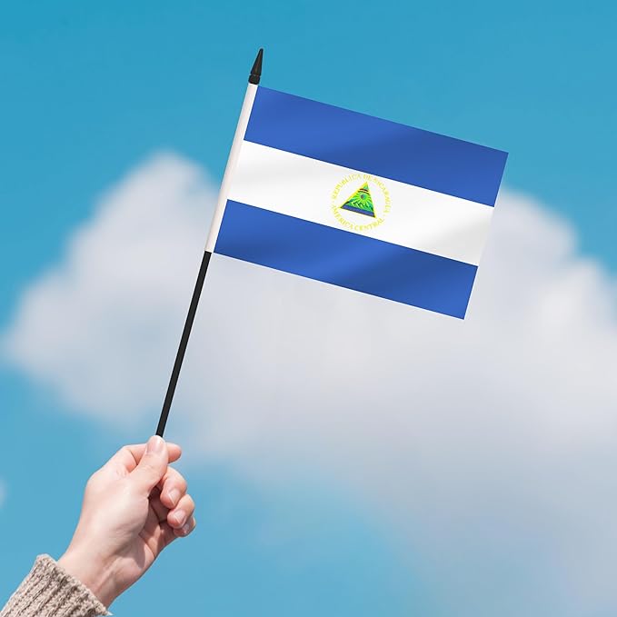 2 Pack Nicaragua Desk Flag Set, Nicaraguan Desktop Small Miniature Table Office Flag with 12" Black Pole and Black Base, Offices, Classroom, Home, Festival Decoration (Nicaragua)