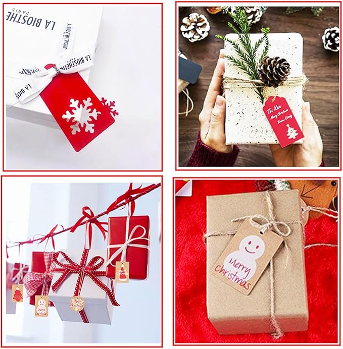 100 Pack Kraft Paper Christmas Gift Tags, Xmas Kraft Gift Tags with Jute Twine Baker Twine for DIY Xmas Holiday Present Wrap Stamp and Label Package Name Card
