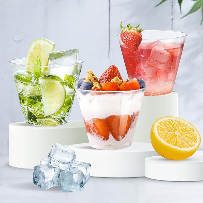 100Counts 9 OZ. Disposable Cups Old fashioned Party Tumblers, 9 Ounce Squat Cups Clear Hard Plastic Cups for Party Wedding