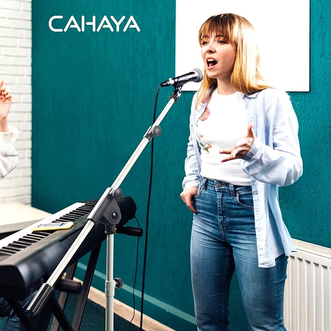 CAHAYA Microphone Stand Tripod Boom Arm Floor Mic Stand with Carrying Bag and 2 Mic Clips for Singing Performance Wedding Stage and Mic Mount White