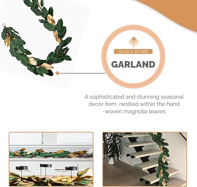 Green & Gold Magnolia Garland, 6ft Magnolia Leaf Christmas, Handmade Magnolia Christmas Decor with Faux Magnolia Leaves, Perfect Garland for Mantle & Holiday Decorations