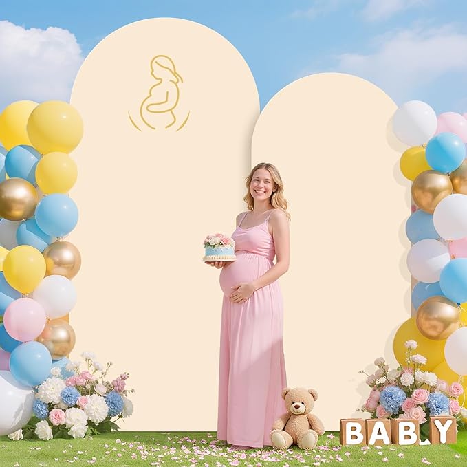 Arch Backdrop Stand with Beige Spandex Arch Cover Set of 2 6FT 7.2FT Spandex Fitted Stretchy Arch Covers for Party Gold Metal Backdrop Stand for Wedding Baby Shower