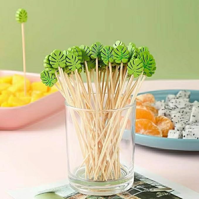 120 Pcs Monstera Leaf Cocktail Picks 4.7" Drinks Fruits Hawaiian Party Food Garnish Skewer Sticks St. Patrick's Day Decorations Supplies Cowboy Handmade Bamboo Toothpicks