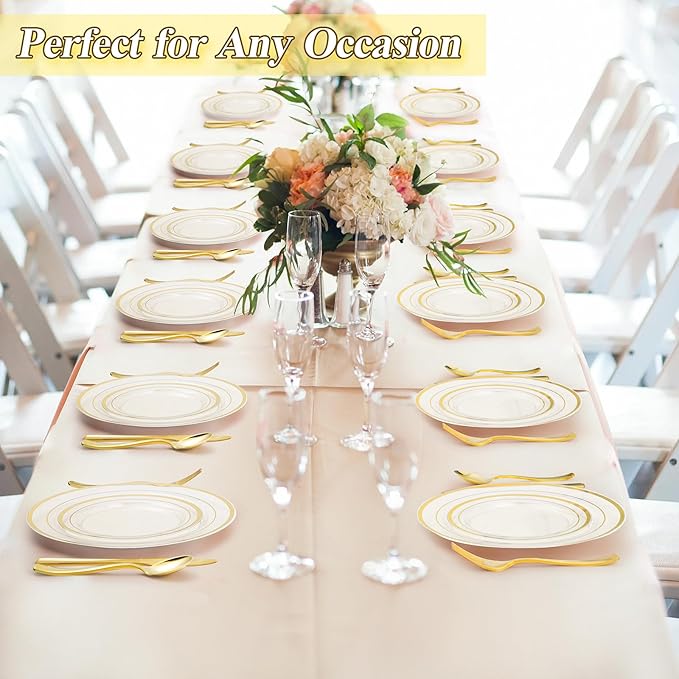 200PCS Clear Gold Plastic Plates Set, 100 10.25 inch Dinner Plates and 100 7.5 inch Dessert Plates, Disposable Plates for Party, Wedding