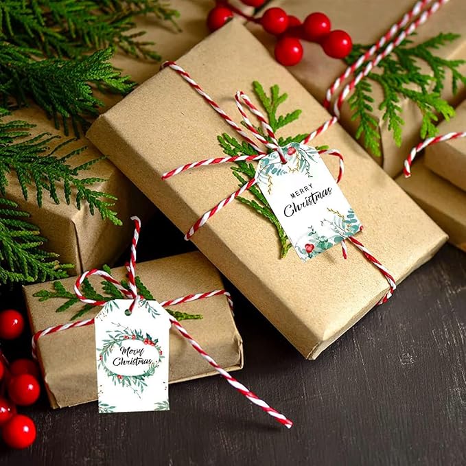 100 Pack Beautiful Christmas Gift Tags, Xmas Beautiful Gift Tags with Jute Twine Baker Twine for DIY Xmas Holiday Present Wrap Stamp and Label Package Name Card