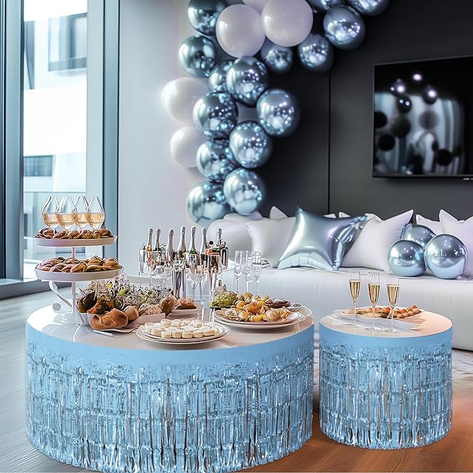 4 Pack Light Blue Table Skirts, 29x108" Metallic Foil Tinsel Fringe Table Skirts for Rectangle Tables Streamer Curtains Backdrop, Party Decorations for Birthdays Weddings Holidays