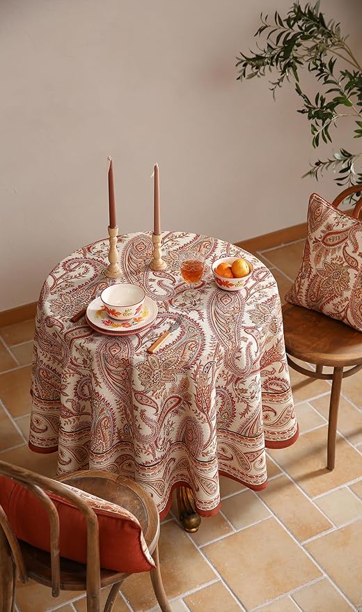 ISAENNE Designer French Red Round Tablecloth,Fall Linen Table Cloth with Cashew Pattern,Stain Proof Decor Tablecloths for Dining Thanksgiving Kitchen Christmas,Diameter 67"-Chauffrey D