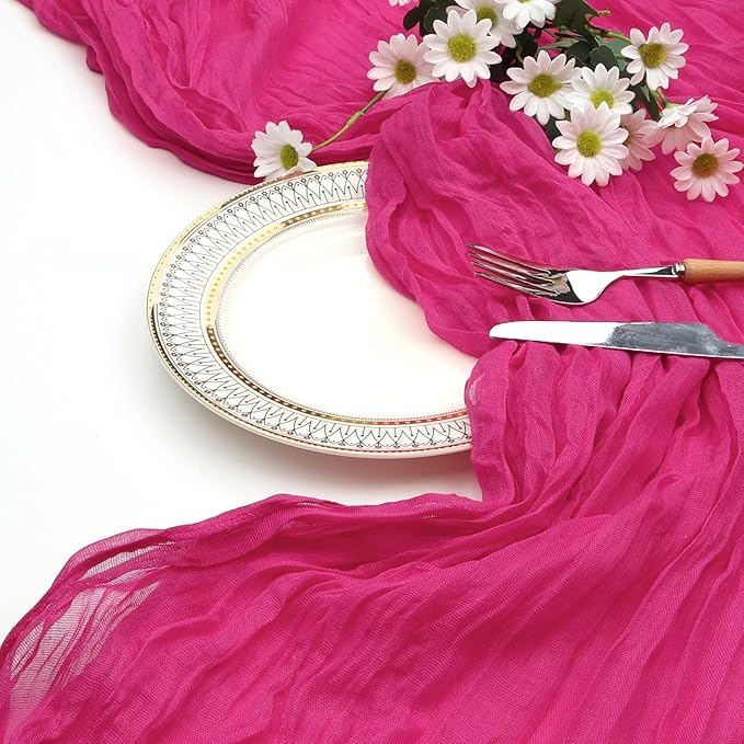 12 Pack Hot Pink Cheesecloth Table Runner 10ft Boho Gauze Fabric Cheese Cloth Table Runner 35 x 120 Inch Rustic Sheer Runner for Romantic Wedding Decor Baby Shower Party Table Centerpiece Decoration