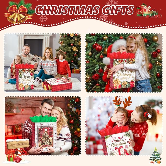 LYLIN 4Pcs 16" Large Christmas Gift Bags with 8 Tissue Papers, Reusable Christmas Tote Bags with Handles, Bulk Xmas Treat Bags for Wrapping Gifts, Party Favors and Holiday Decor