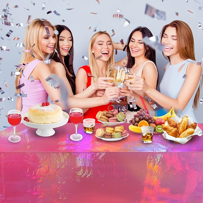 8 Pack Hot Pink Iridescence Plastic Tablecloths Shiny Disposable Laser Rectangle Table Covers Holographic Foil Tablecloth Iridescent Party Decorations Birthday Bridal Wedding Christmas, 54 x 108 Inch