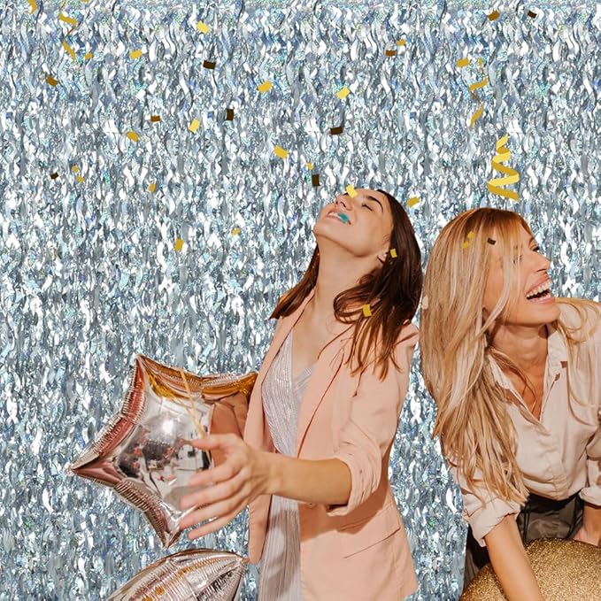 TONIFUL 3Pcs Wavy Metallic Tinsel Foil Fringe Curtains Silver Streamer Backdrop for Photo Booth Props,Party Door Wall Curtain,Bachelorette,Birthday,Anniversary,Bridal Shower Decor (9.9ft x 6.6ft)