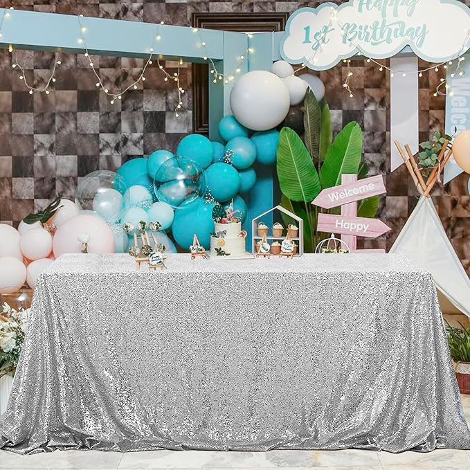 OQSQ Silver Sequin Tablecloth 50x80 inch, Sparkle Sequence Table Cover Glitter Drape Table Cloth Decorations Wedding Birthday Party