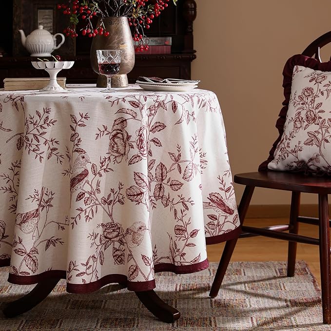 ISAENNE Designer Vintage Linen Small Round Tablecloth,Red Floral Pattern Linen Stain Resistant Table Cloth,Decor Tablecloths for Dining Thanksgiving Kitchen Tea Party,Diameter 55"-Harmony