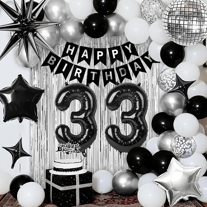 33rd Birthday Decorations for Men Women, Black Silver Happy Birthday Party Decorations, 33 Year Old Party Supplies with Number 33 Balloons, Banner, Fringe Curtains Kit