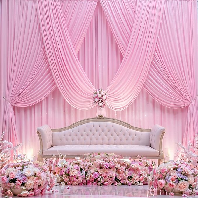 10×12ft Wrinkle Free Pink Backdrop Curtain for Wedding Parties, 2 Panels 5×12ft Long Soft Silky Polyester Backdrop Drapes Baby Pink Photo Back Drop Curtains for Party Photography Background Cloth