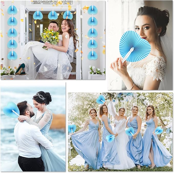 Unittype 150 Packs Wedding Paper Fans Heart Shaped Folding Handheld Fans for Wedding Decorate Guests Favor Anniversary Birthday Party Supplies Home Decor(Baby Blue)