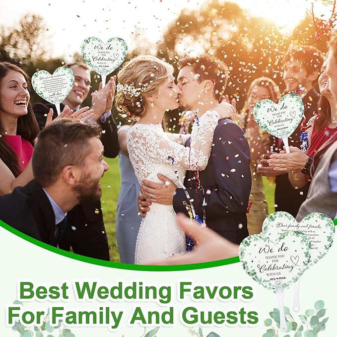 60Pcs Wedding Fan Gifts for Guests Greenery Handheld Fan with 1 Wedding Table Sign, Greenery Wedding Favors Thank You Fans for Guests Hostess Gifts Plastic Handheld Heart Shape Fan Green Leaf Pattern