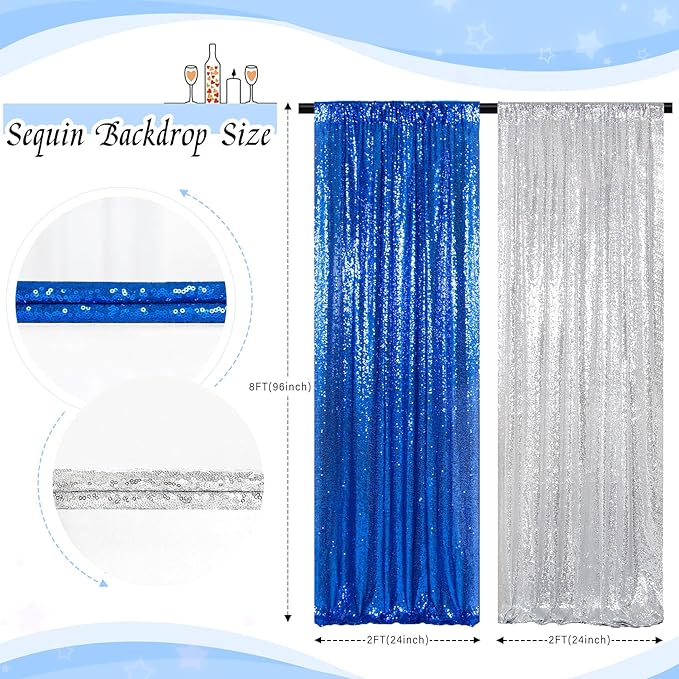 ShinyBeauty Silver and Blue Sequin Backdrop - 4 Pieces Shimmer Curtains Panels for Birthday, Party, Baby Shower, and Photo Backgrounds (2FTX8FT)