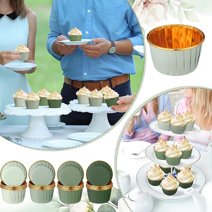 Geiserailie 100 Pcs Sage Green Cupcake Liners Gradient Green Cupcake Foil Wrappers Snack Bowls for Parties Wedding Bridal Shower Birthday Supplies