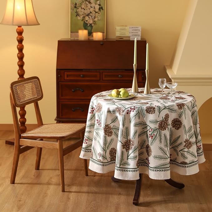 ISAENNE Designer Christmas Beige Linen Round Tablecloth,Pinecones Pattern Indoor Tablecloths,Washable Decor Table Cloth for Dining Thanksgiving Kitchen Christmas,Diameter 67"-Carol B