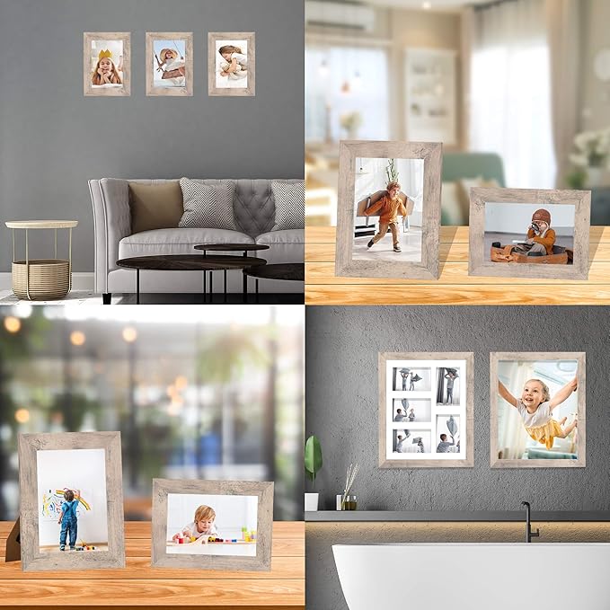 8x10 Picture Frame Set of 4, Smoke Gray Frame with High Definition Real Glass, 8 x 10 Wood Photo Frame for Tabletop Display and Wall Mounting