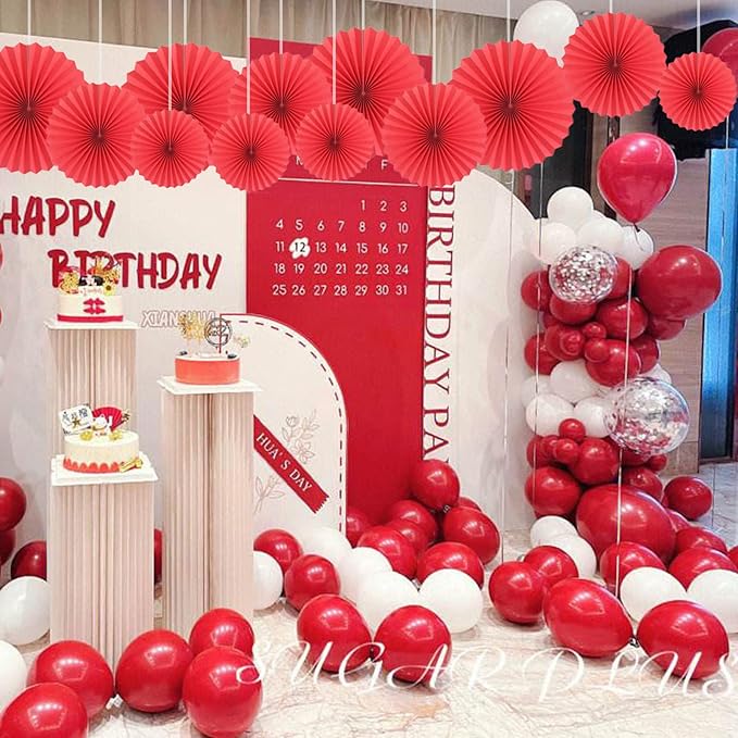 HQZ Red Party Hanging Fans DIY Set - 12pcs Pinwheels & Flowers for Weddings, Birthdays, Christmas; Hanging Fan Decorations