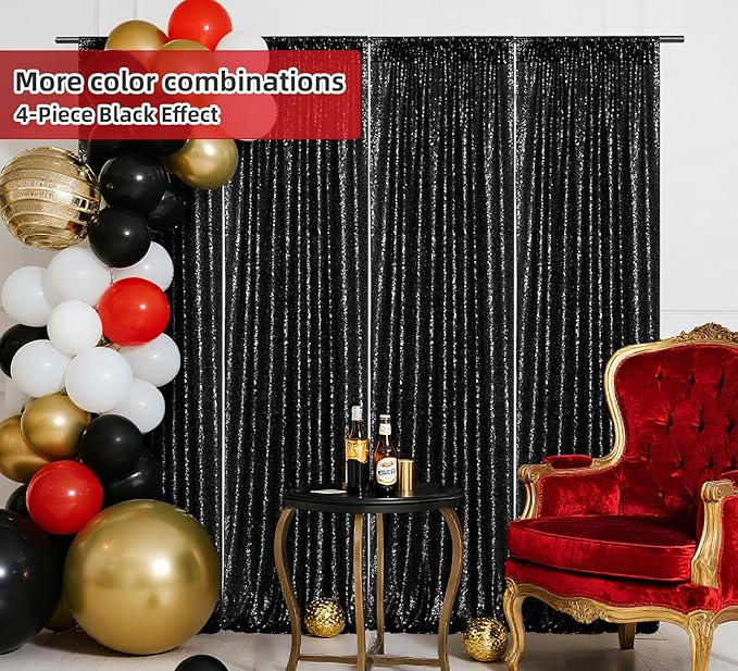 Juya Delight 2Pcs 2ftx8ft Black Shimmer Sequin Backdrop Curtains - Black Glitter Photo Backdrop for Wedding Birthday Parties Wall Decoration