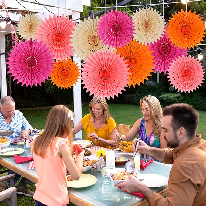 BestoFun 12PCS Paper Fans Peach and Hot Pink Party Decorations Tissue Paper Flowers Decorations for Girl Groovy Birthday Baby Shower Wedding Bachelorette Room Wall Hanging Décor