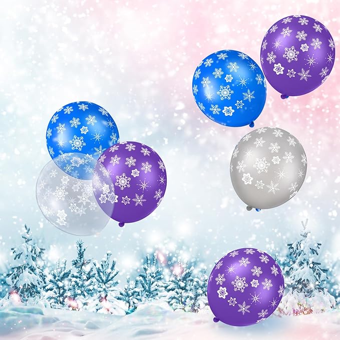 Skylety 40 Pieces Snowflake Balloons Bulk Winter Transparent Snowflake Latex Balloons for Christmas Birthday Wedding Party Decorations(Blue, Purple, Silver, Clear)