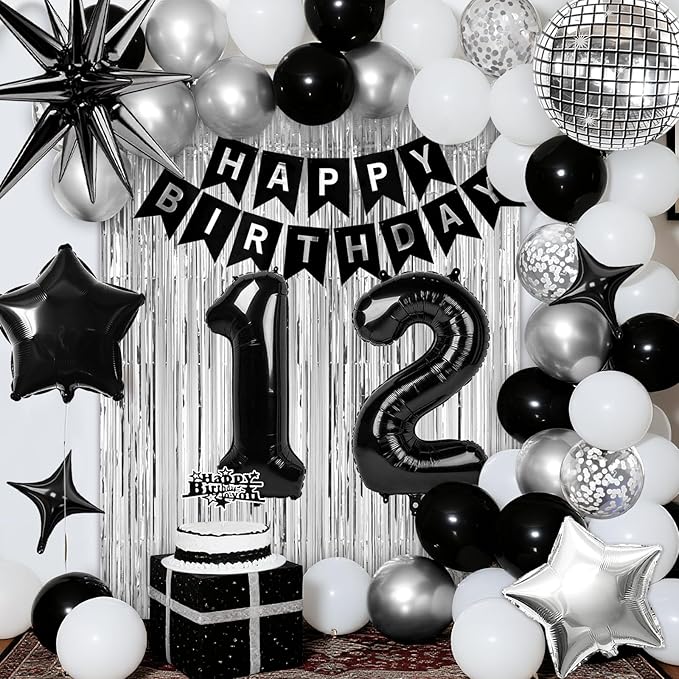 12th Birthday Decorations for Boys Girls, Black Silver Happy Birthday Party Decorations, 12 Year Old Party Supplies with Number 12 Balloons, Banner, Fringe Curtains Kit