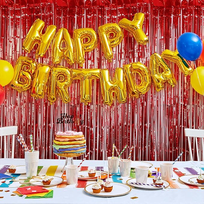 5 Pack Red Foil Curtain Backdrop 3.2ft x 9.8ft Metallic Tinsel Foil Fringe Curtains Streamer Photo Booth Backdrop for Birthday Party Engagement Bachelorette Party Decorations (Red)