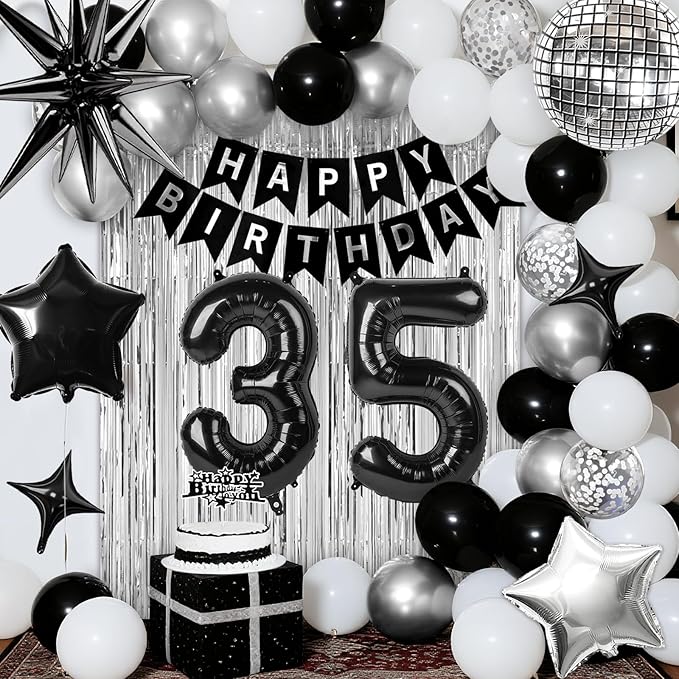 35th Birthday Decorations for Men Women, Black Silver Happy Birthday Party Decorations, 35 Year Old Party Supplies with Number 35 Balloons, Banner, Fringe Curtains Kit