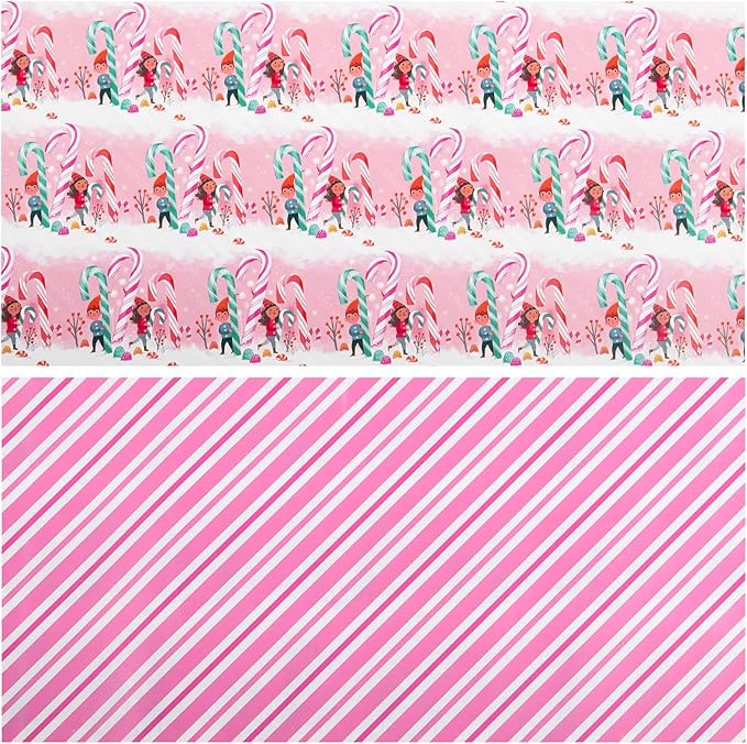 LeZakaa Christmas Pink Wrapping Paper Mini Roll for Kids, Playful Elf Cane Candy, Pink White Candy Stripes Sweet Snowy Reversible Design, 17 inches x 32.8 Feet