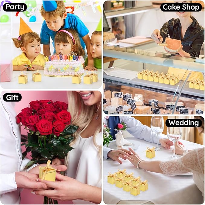 EUSOAR Small Gift Boxes with Lids, 60pcs 2x2x2 Inches Gold Candy Boxes Party Favor Box with Ribbons, Cube Chocolate Box Mini Muffins Bags Macaron Container for Wedding Party Advent Calendar DIY