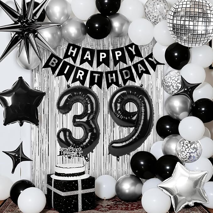 39th Birthday Decorations for Men Women, Black Silver Happy Birthday Party Decorations, 39 Year Old Party Supplies with Number 39 Balloons, Banner, Fringe Curtains Kit