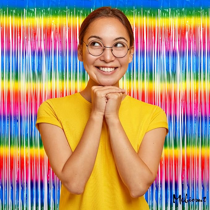 4 Pack Dark Rainbow Fringe Curtain Backdrop, 3.2Ft x 6.6Ft Metallic Tinsel Foil Fringe Streamers Background for Photo Booth Birthday Wedding Baby Shower Carnival Easter Mother’s Day Party Decorations