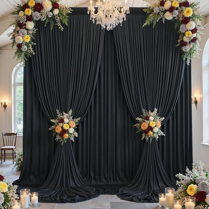 50×14ft Wrinkle Free Black Backdrop Curtain for Parties Wedding,10 Panels 5×14ft Height Soft Silky Polyester Photo Backdrop Drapes for Birthday Graduation Photography Stage Event Background Cloth