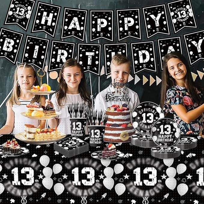 123pcs 13th Party Decorations,13th Silver Black Birthday Banner,Flags,Paper,cups,Straws,Forks,Cake Toppers,Dessert plates,Tablecloths and dinner plates,Officially a Teenager 13th Birthday Supplies