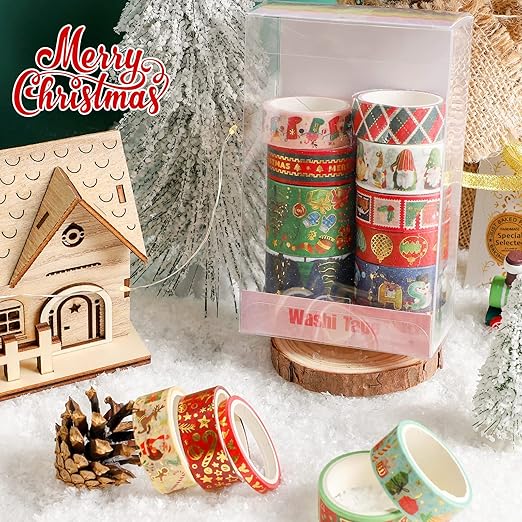 16 Rolls Christmas Washi Tape Holiday Masking Tape 4 Sizes Red Green Christmas Wrapping Tape Glod Foil Decorative Tape for Christmas Scrapbook Journal DIY Craft Gift Wrapping(Christmas