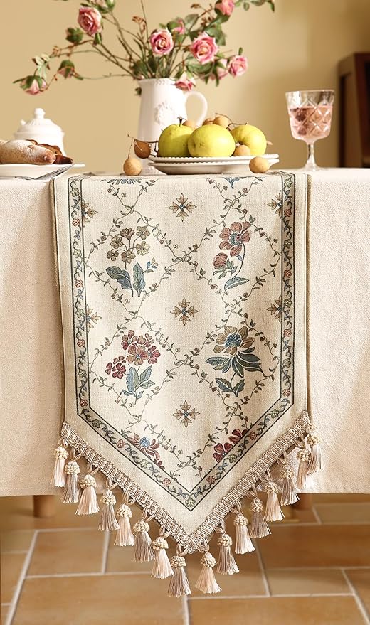 patdrea Designer Vintage Floral Linen Extra Long Table Runner 118 Inch Long,Beige Cottage Rustic Bouquets Pattern Table Mat,Decor for Kitchen Dining Coffee Table Cabinet Thanksgiving,12"*118"