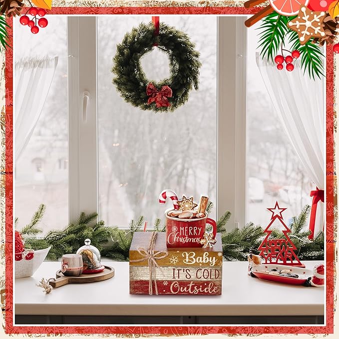 4 Pcs Christmas Table Decor Wooden Hot Cocoa Decoration Christmas Centerpiece Winter Tiered Tray Decor Decorative Red Hot Cocoa Block Signs Gift Farmhouse Xmas Decoration for Home Kitchen