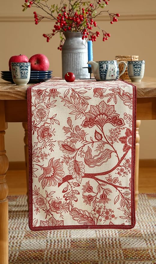 ISAENNE Designer Chinoiserie Elegant Linen Extra Long Table Runner 118 Inches,Red Floral Pattern Decor Table Runners for Thanksgiving,Dining Room,Banquet,Kitchen Tables,Christmas,12"*118"-Ruyi A