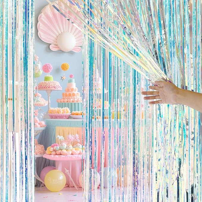 2 Pack Iridescence Party Streamers Backdrop Curtains, 3.3x8.2ft Holographic Tinsel Foil Curtain Photo Booth Props for Birthday, Wedding, Holiday Celebration, Bachelorette, Theme Decorations