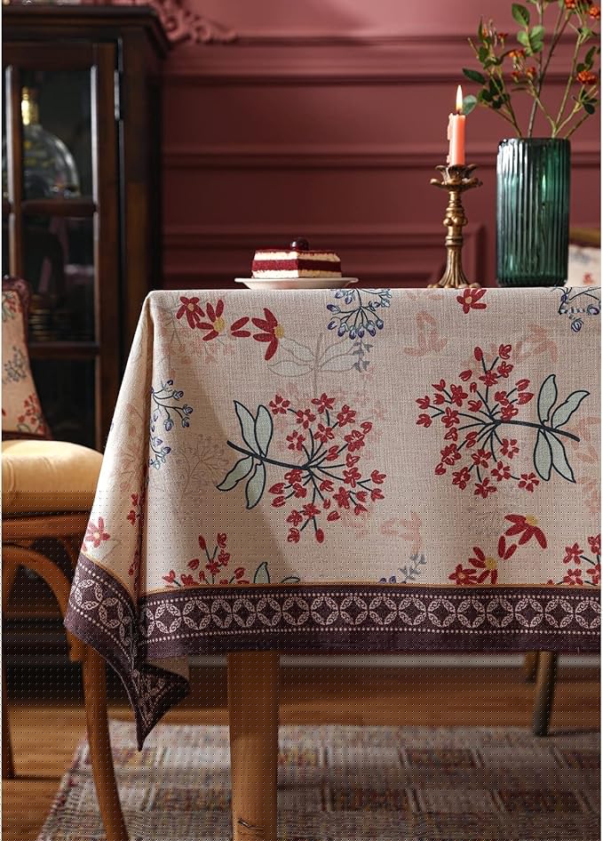 patdrea Designer Linen Small Rectangular Table Cloth,French Vintage Red Floral Tablecloth,Breathable Dacorative Cover for Kitchen Dining,Tea Party,Christmas,Thanksgiving,Holiday,55"x71"-Newmari