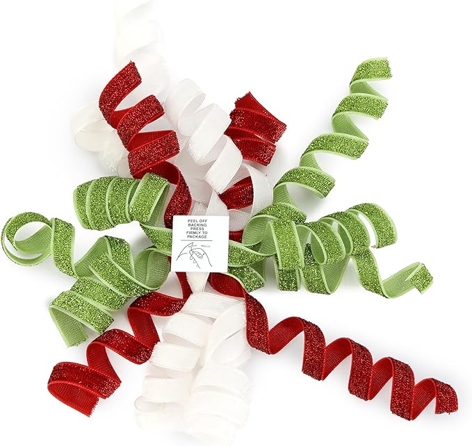 6" Metallic Glitter Red and Lime Green Self Adhesive Curly Ribbon Gift Wrap Bows for Christmas, Holiday, Birthday, Wedding, Presents, Party Favors Decorations 6-Count