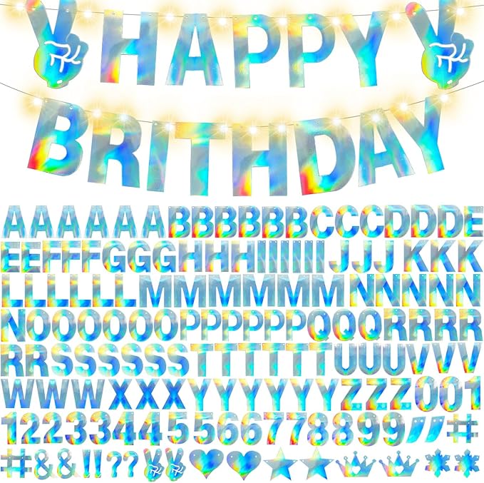 167Pcs DIY Glitter Customizable Banner Kit Custom Banner Happy Birthday DIY Letter Banner Happy New Year Personalized Banner Christmas Baby Shower Birthday Party Decorations Supplies(Shiny Holografic)