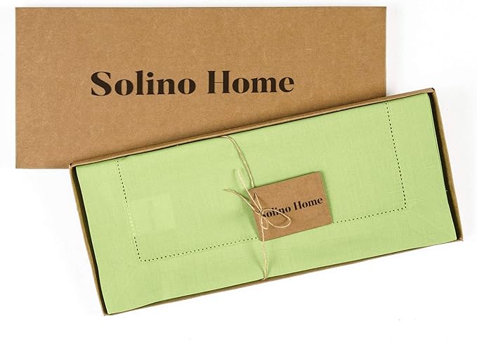 Solino Home Cotton Linen Table Runner 120 Inches Long - Hemstitch Apple Green Dining Table Runner 14 x 120 Inch