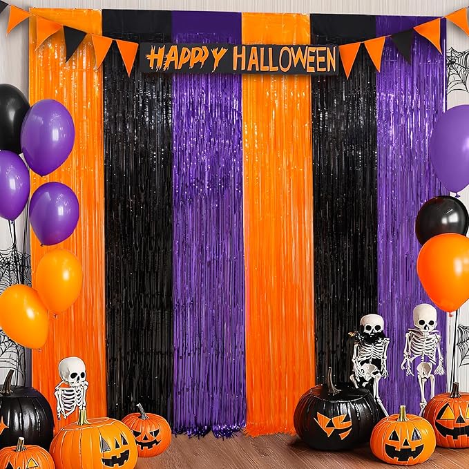 3 Pack Orange Purple Black Tinsel Foil Fringe Curtains, Halloween Photo Backdrop Streamers for Birthday Anniversary Party Decoration