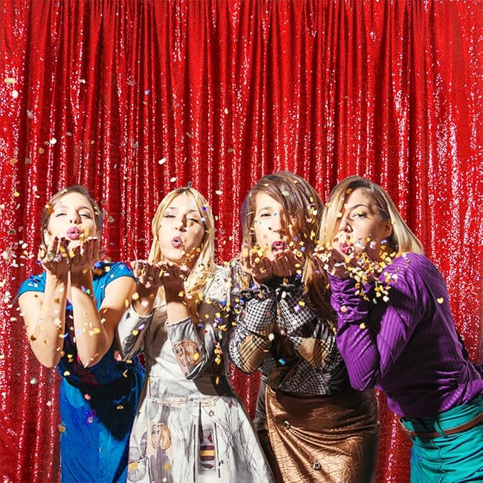 SquarePie Sequin Backdrop Curtain Not See Through Thick Glitter Background for Party 10FT x 10FT Red